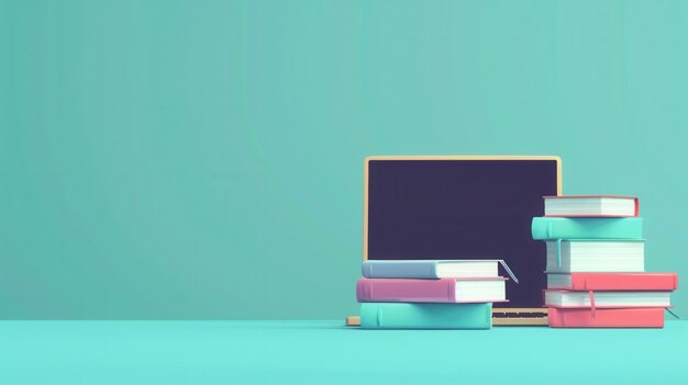 A laptop and a stack of textbooks rest on a turquoise surface symbolizing the modern approach to education Generative AI