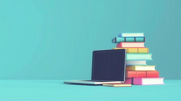 A laptop and a stack of textbooks on a teal background representing contemporary learning methods Generative AI