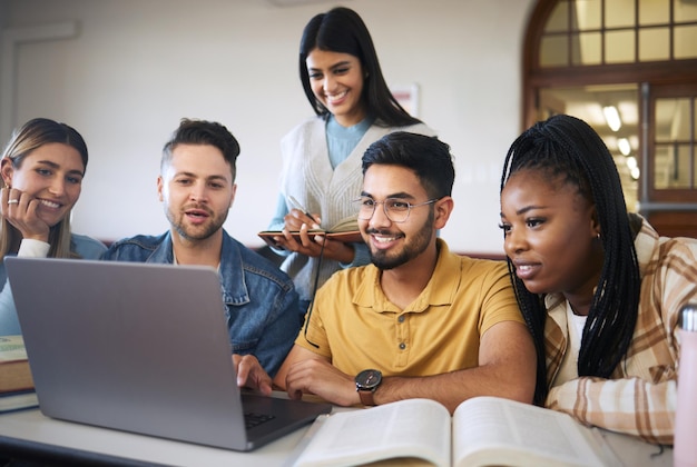 Laptop study and students with group project for online course e learning and education with diversity happy and teamwork Research video studying and university student friends in a classroom