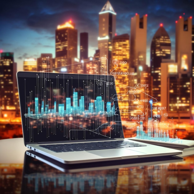 Laptop on the table against the background of the city at night