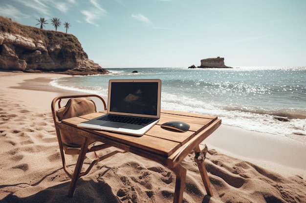 A laptop on a table on a beach with a beach in the background.