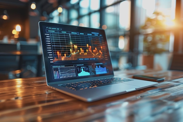 A laptop on a table displays analytics and AI in a firstperson perspective in a modern office