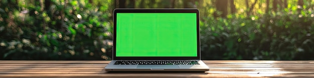 Photo laptop on the table in the garden selective focus