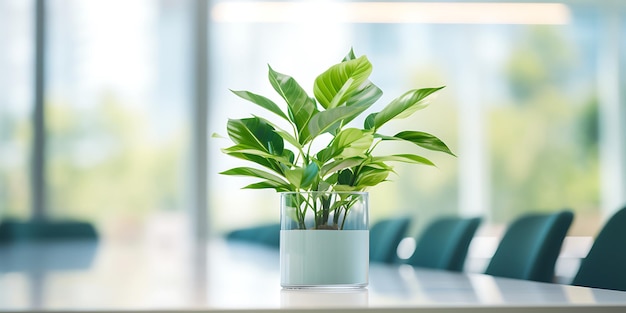 Laptop on table in modern meeting room with city view 3D Rendering