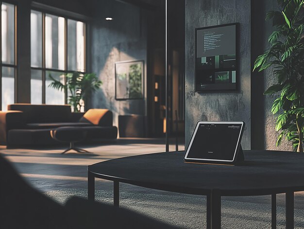 Photo a laptop on a table in a room with a picture of a plant on the wall