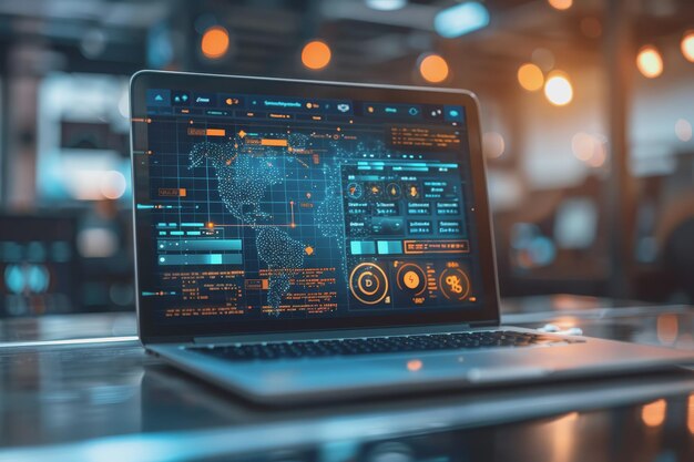 The laptop on the table shows graph analysis in modern office photography style