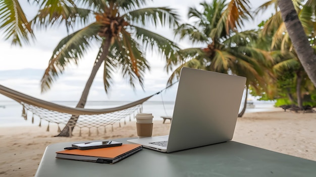 Photo laptop on a table with a palm tree in the background