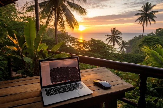 Laptop on a table with a sunset in the background