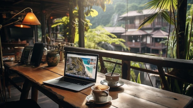 laptop on a table with a view of the mountains