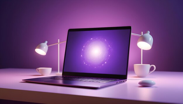 a laptop that has a purple background with a purple background