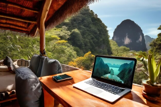 Photo a laptop that is open and has a picture of a mountain in the background