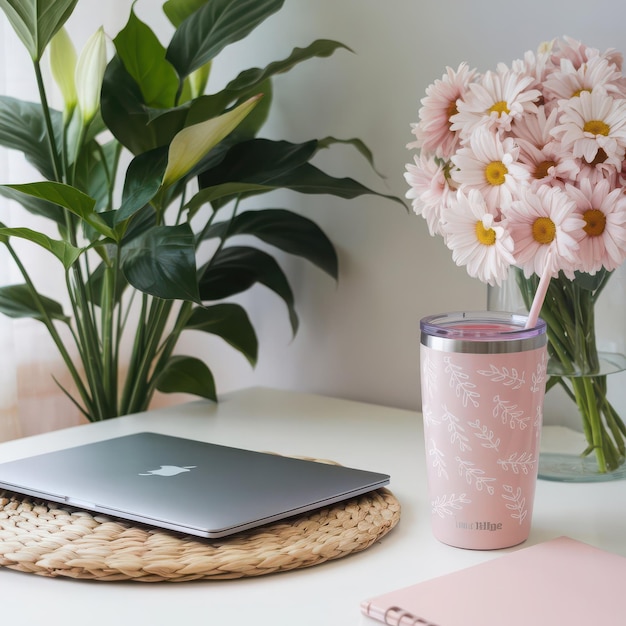 a laptop and a vase of flowers are on a table