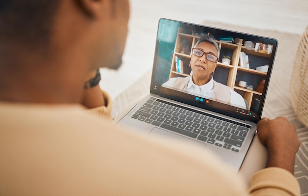 Laptop video call and mental health with virtual counseling consultation doctor and patient with communication Psychologist depression and people talk of trauma and anxiety support and trust