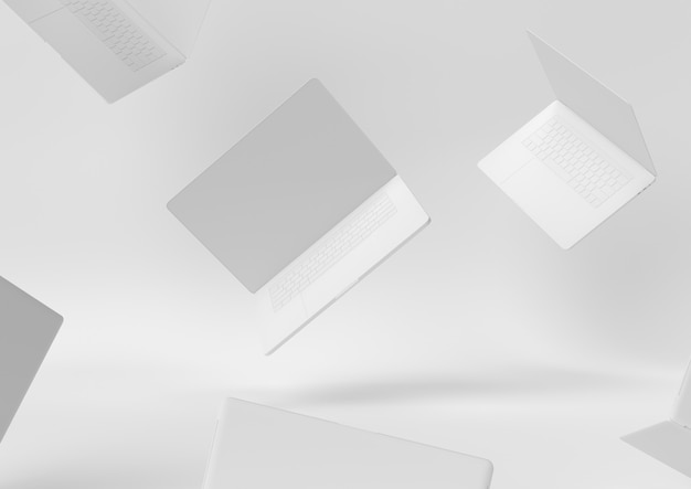 Laptop white design creation paper workspace desktop Minimal concept 3d render, 3d illustration.