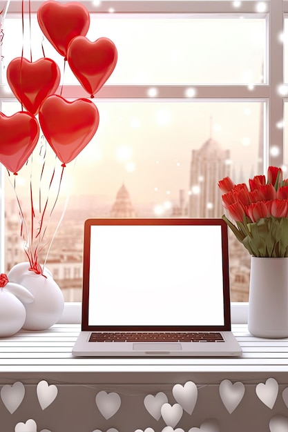 Laptop a white screen mock up on a table with a Valentines day decor with heartshaped balloons petals and a bouquet of flowers Online greetings festive remote work shopping AI generated