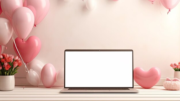 Laptop a white screen mock up on a table with a Valentines day decor with heartshaped balloons petals and a bouquet of flowers Online greetings festive remote work shopping AI generated