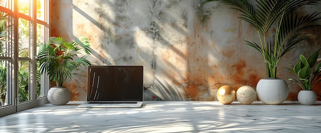 Photo laptop on a white table in front of a window with sunlight streaming through