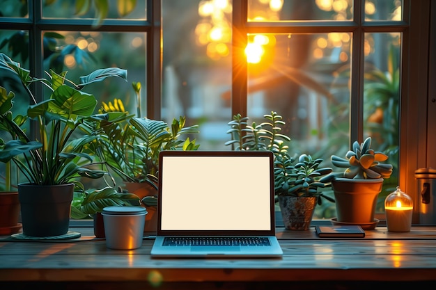 Laptop on windowsill with plants and sunset view