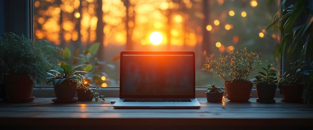 Photo laptop on windowsill with sunset view