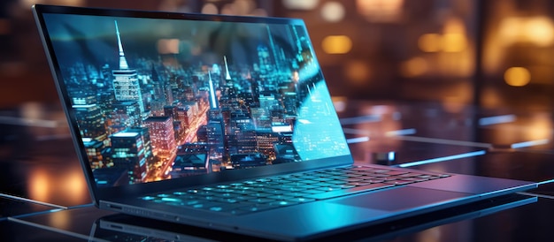 Laptop with abstract city hologram