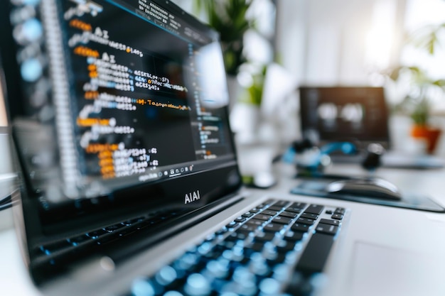 Laptop with AI Code on Screen in a Modern Workspace with Green Plant