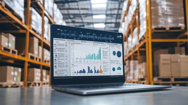 Photo laptop with analytics dashboard display in warehouse setting