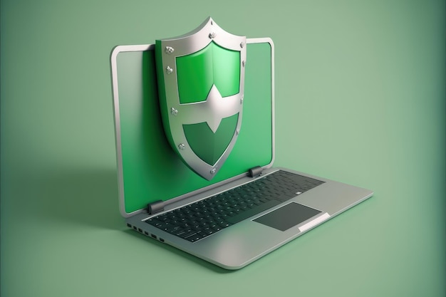 Laptop with antivirus shield on screen safe browsing concept green background Generative AI