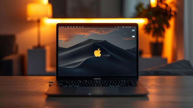 Photo a laptop with an apple logo on the screen