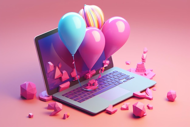 A laptop with balloons on it and a pink background.