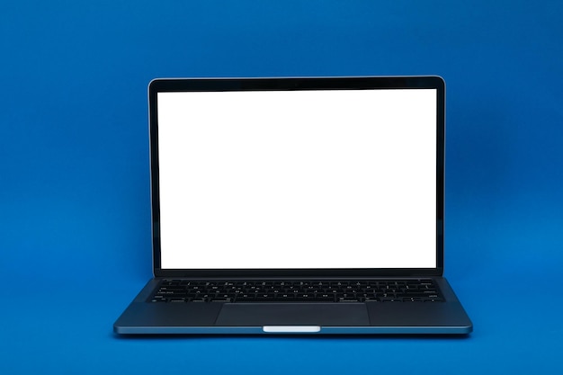 Laptop with blank screen on blue background