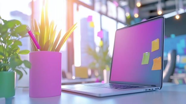 Laptop with blank screen on a desk with plants in the foreground and blurred office background