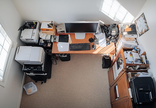 Photo a laptop with a blank screen on an office desk