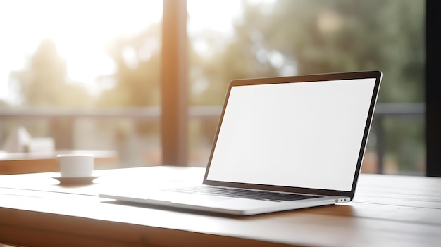 A laptop with a blank screen sits on a desk.