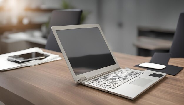 a laptop with a blank screen sits on a desk