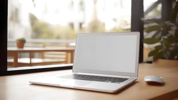 A laptop with a blank screen sits on a table in front of a window.