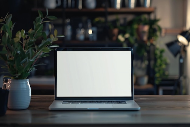 a laptop with a blank screen sits on a table