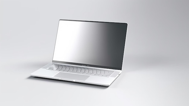 A laptop with a blank screen sits on a white surface laptop mockup concept