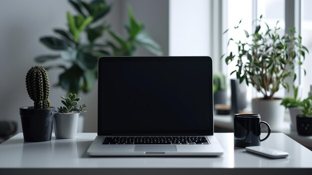 Laptop with blank screen on the table with minimalist decoration