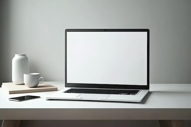 Laptop with blank screen on white table with mouse and smartphone Home interior or office background Ai generative