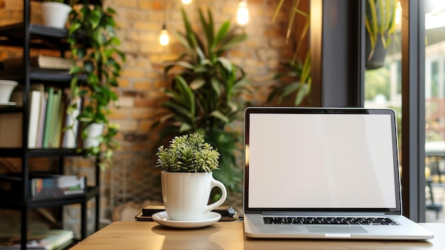 Laptop with blank screen on wooden table in modern office