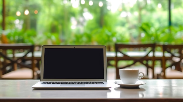 Laptop with blank white screen on table in cafe