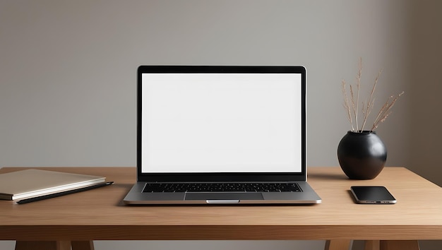 Laptop with blank white screen on wooden table