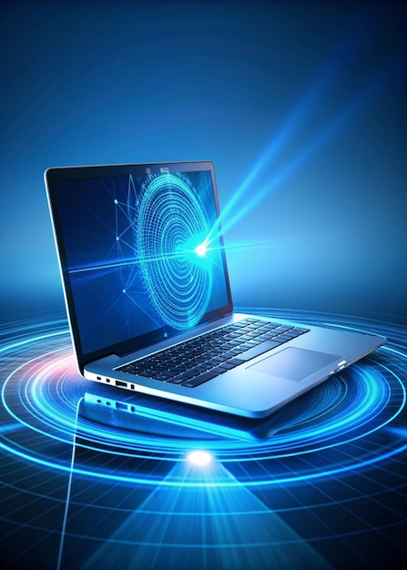 a laptop with a blue and black background with a spiral design