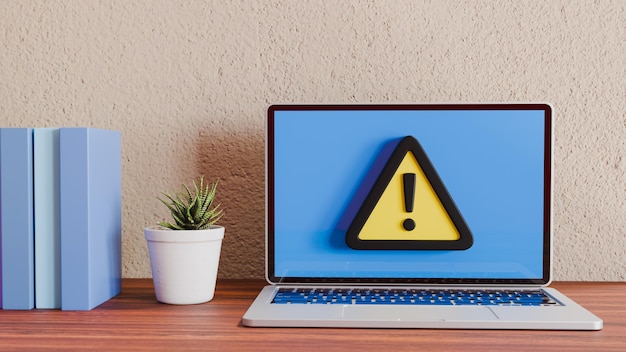 Photo laptop with blue screen and a yellow alert sign on desk with books and a flowerpot