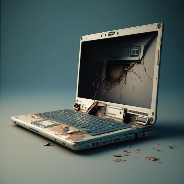 A laptop with a broken screen and the word believing on it