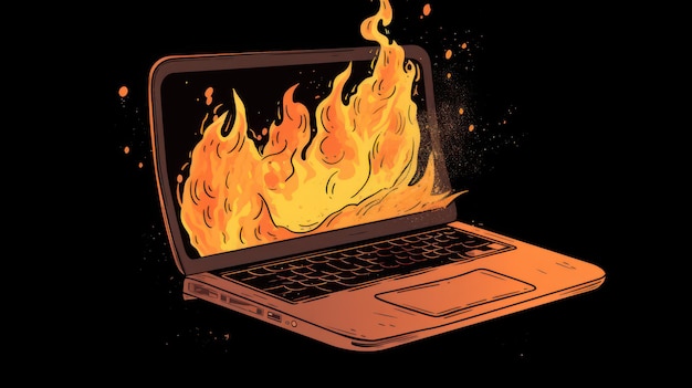 A laptop with a burning fire on it