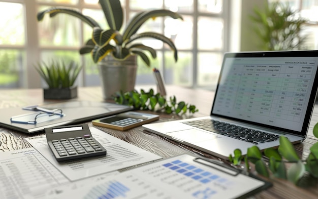 Photo a laptop with a calculator on it and a calculator on the desk