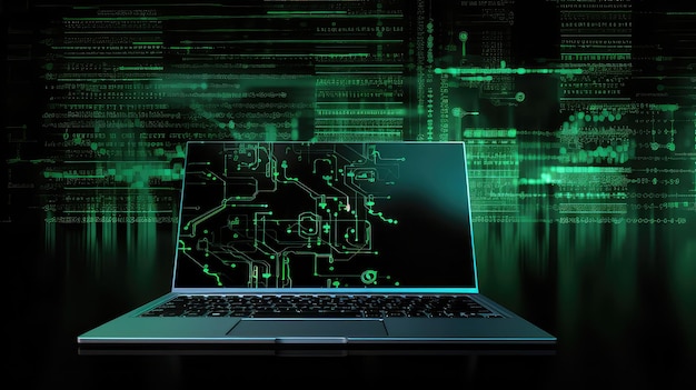 Laptop with circuit on the background of the green binary code