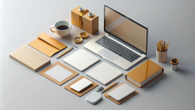 Photo a laptop with a coffee cup and a coffee mug on the table