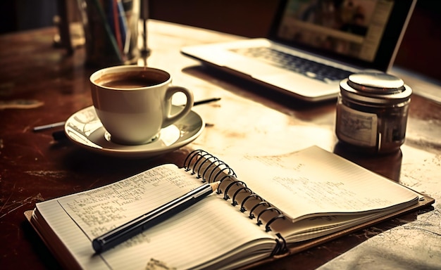 Laptop with coffee cup and notepad to stay on track